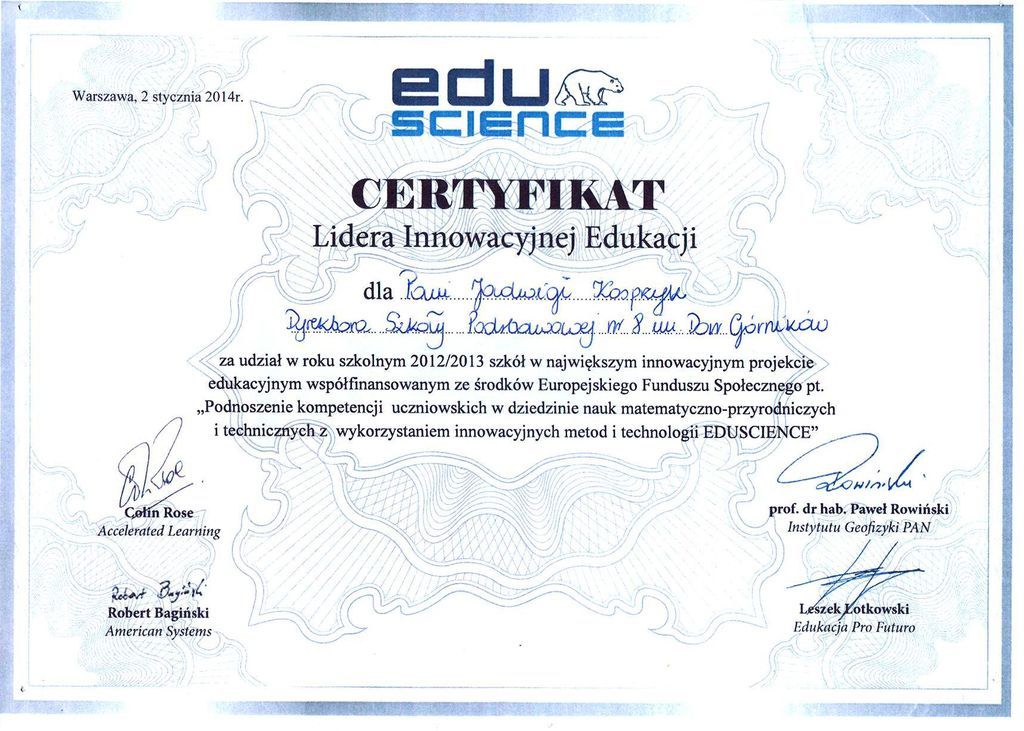 Certyfikat "Lider Innowacyjnej Edukacji"