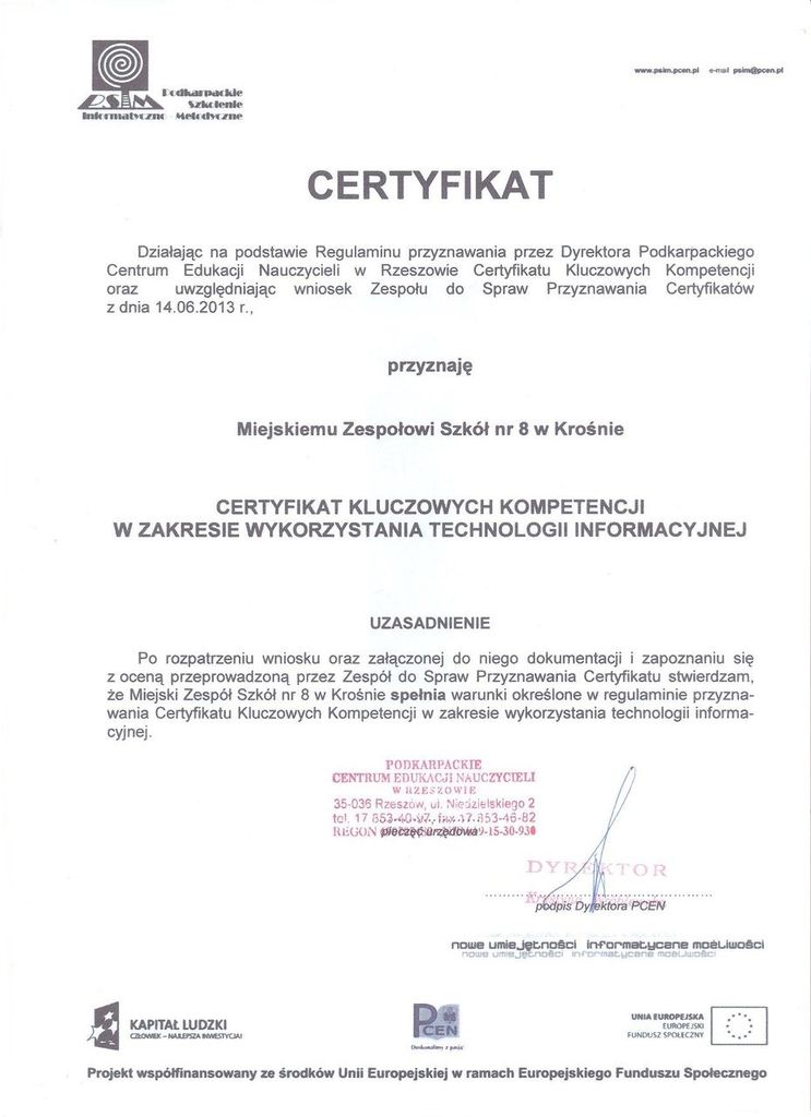 Certyfikat "Kluczowych kompetencji w zakresie wykorzystania TIK"