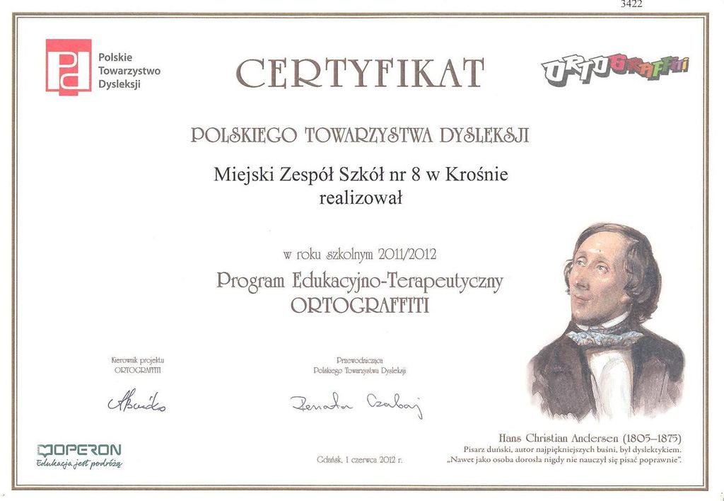 Certyfikat "Polskiego Towarzystwa Dysleksji"
