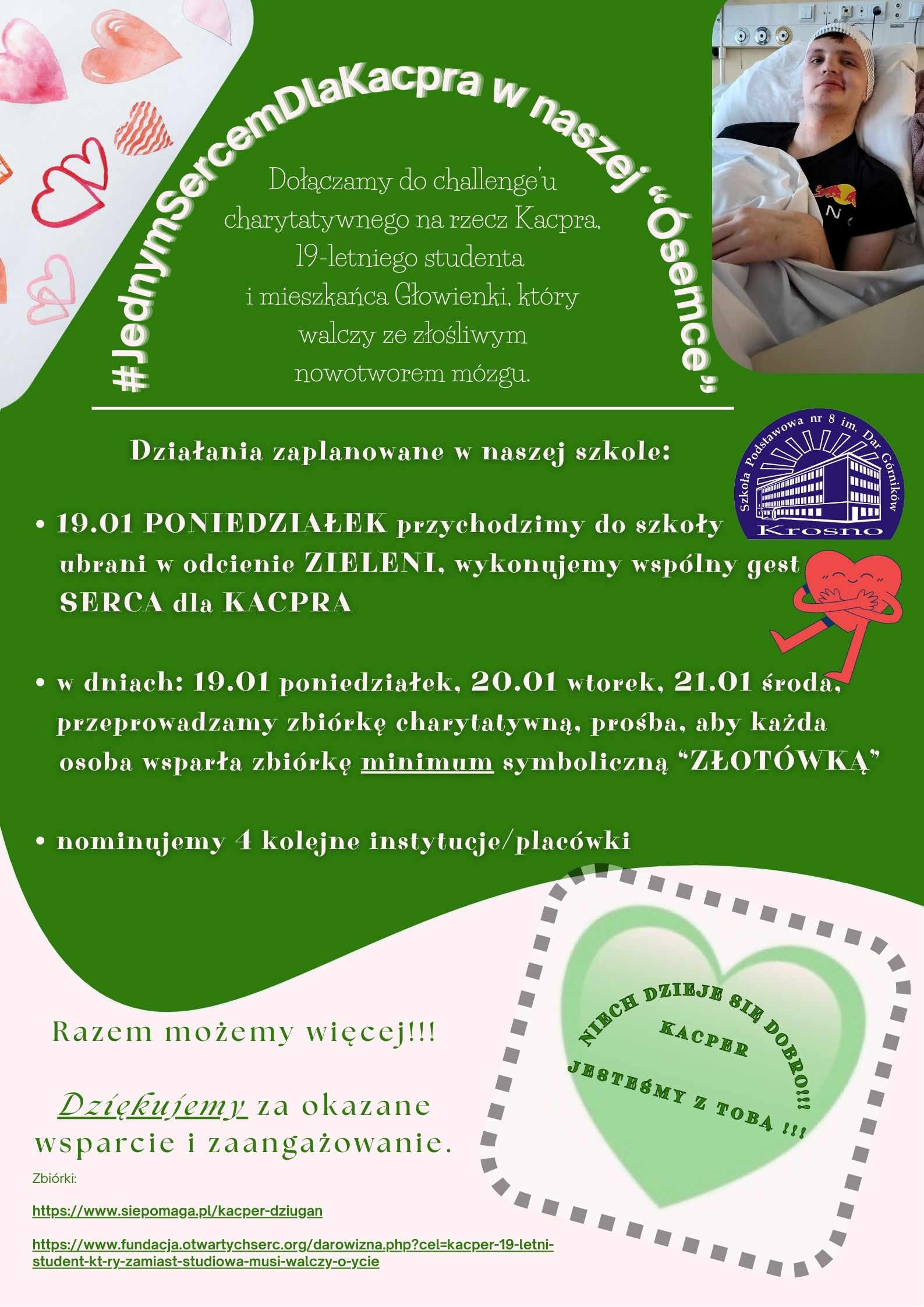Obrazek wyróźniający wpis Szkoła Podstawowa Nr 8 w Krośnie dołącza do challenge’u #JednymSercemDlaKacpra